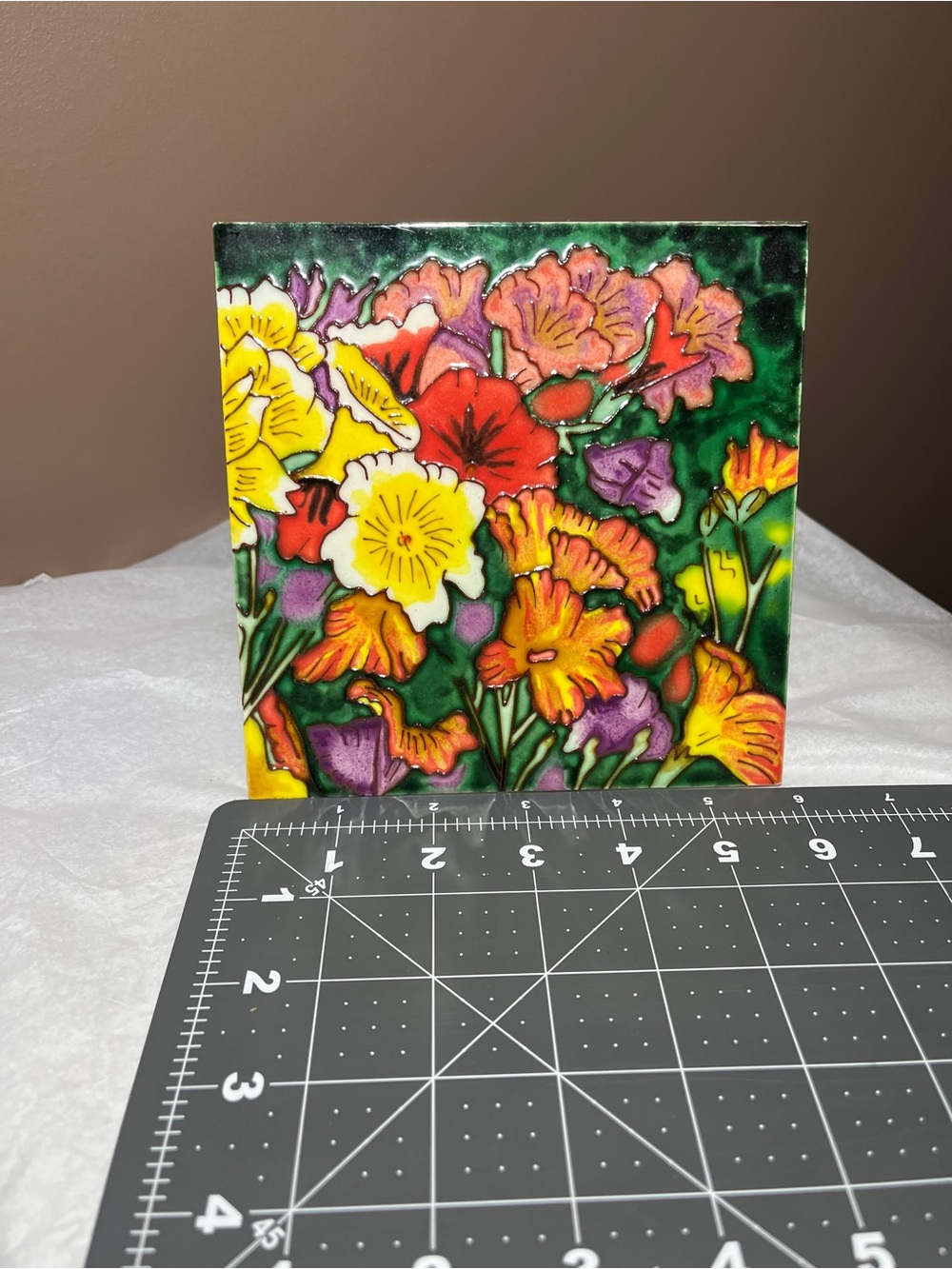 Hand-Painted Floral Ceramic Tile - Bold Multicolor Blooms $30 OBO